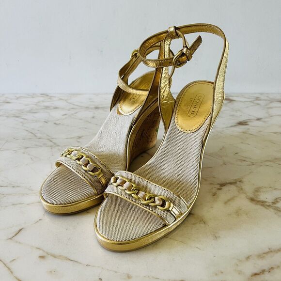 COACH Ellette Gold Beige Cork Wedge Heel Sandals - US 8.5 - Picture 1 of 11